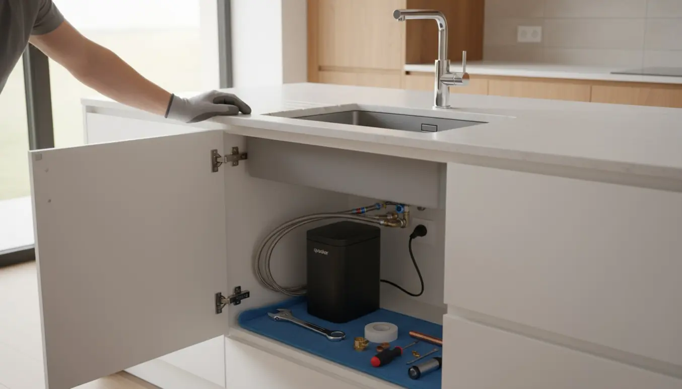 Installering af Quooker Flex og Cube i en etableret HTH-køkkenø med åbent underskab og værktøj.