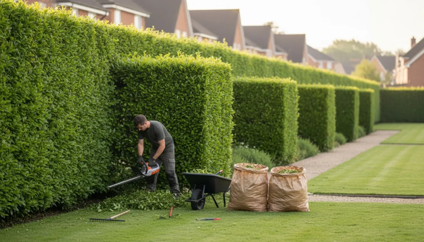 En person klipper en lang ligusterhæk og samler afklip i en trillebør.