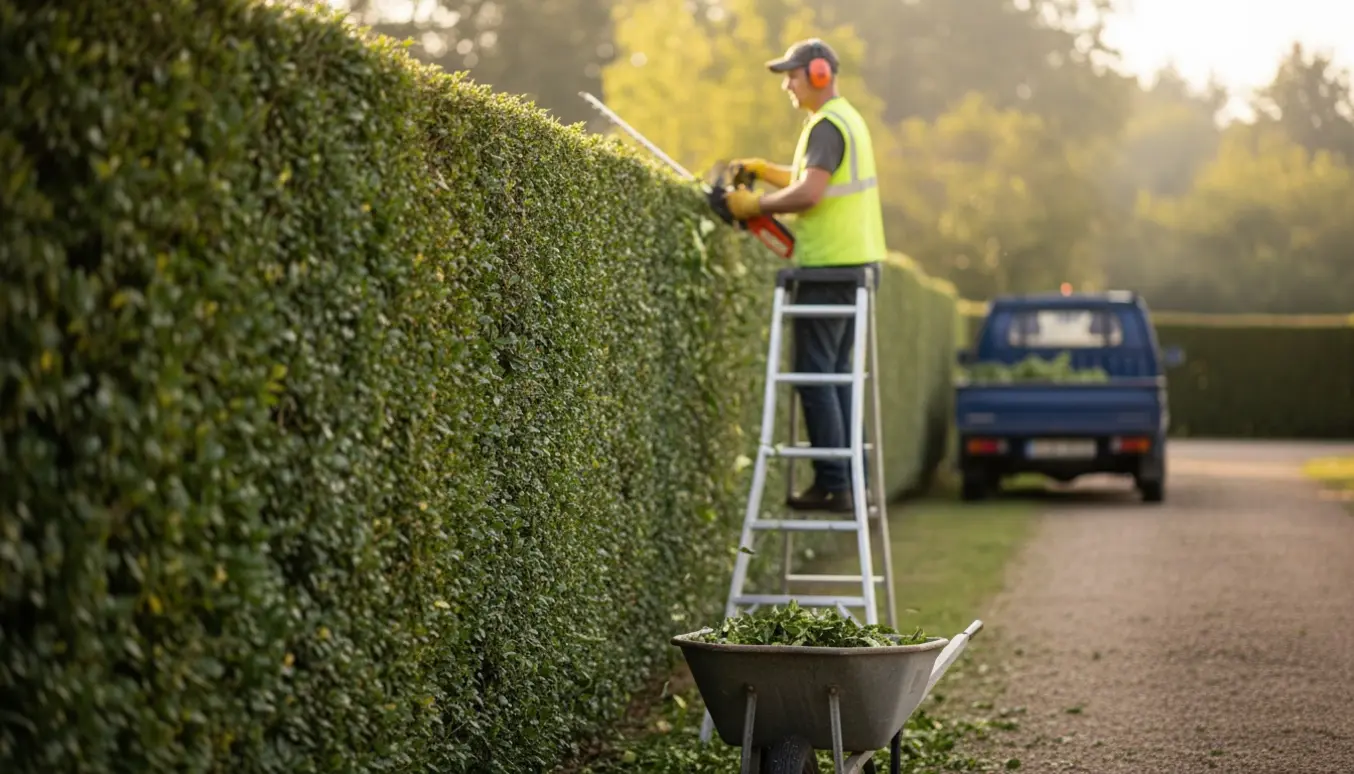 En arbejder på en stige klipper toppen af en lang hæk, mens afklip samles i en trillebør og en varebil står klar.