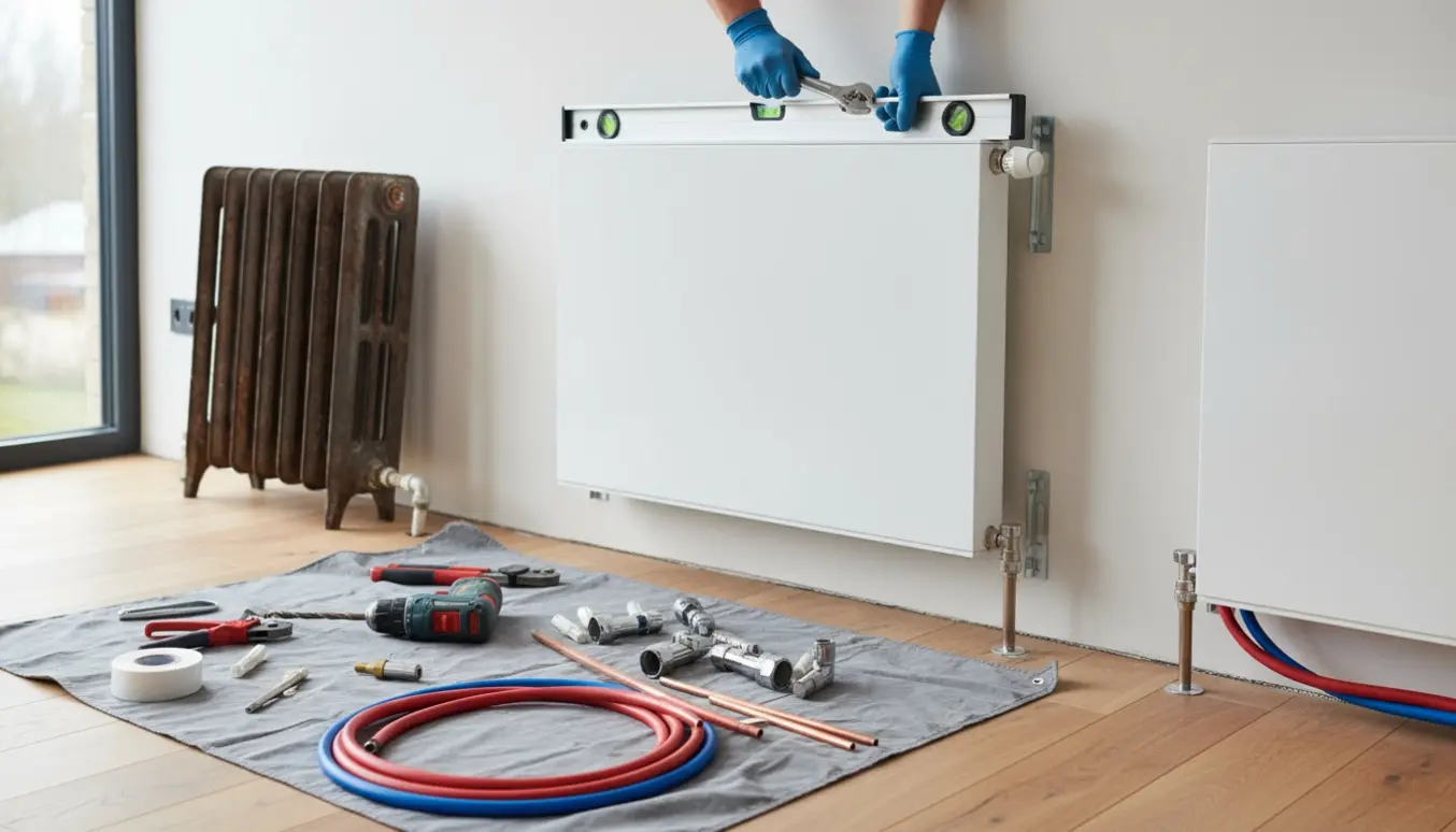 Nærbillede af montering af en ny hvid radiator på en væg med værktøj og et afmonteret gammelt radiator i baggrunden.