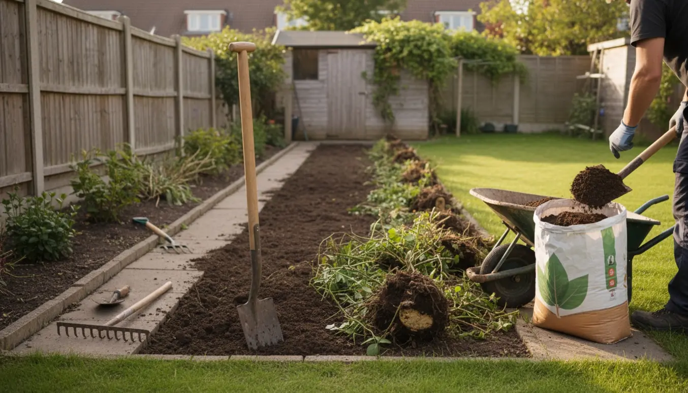 Et langt smalt bed i en villahave, hvor gamle planter og en buskrose graves op og nyt jord fyldes i.