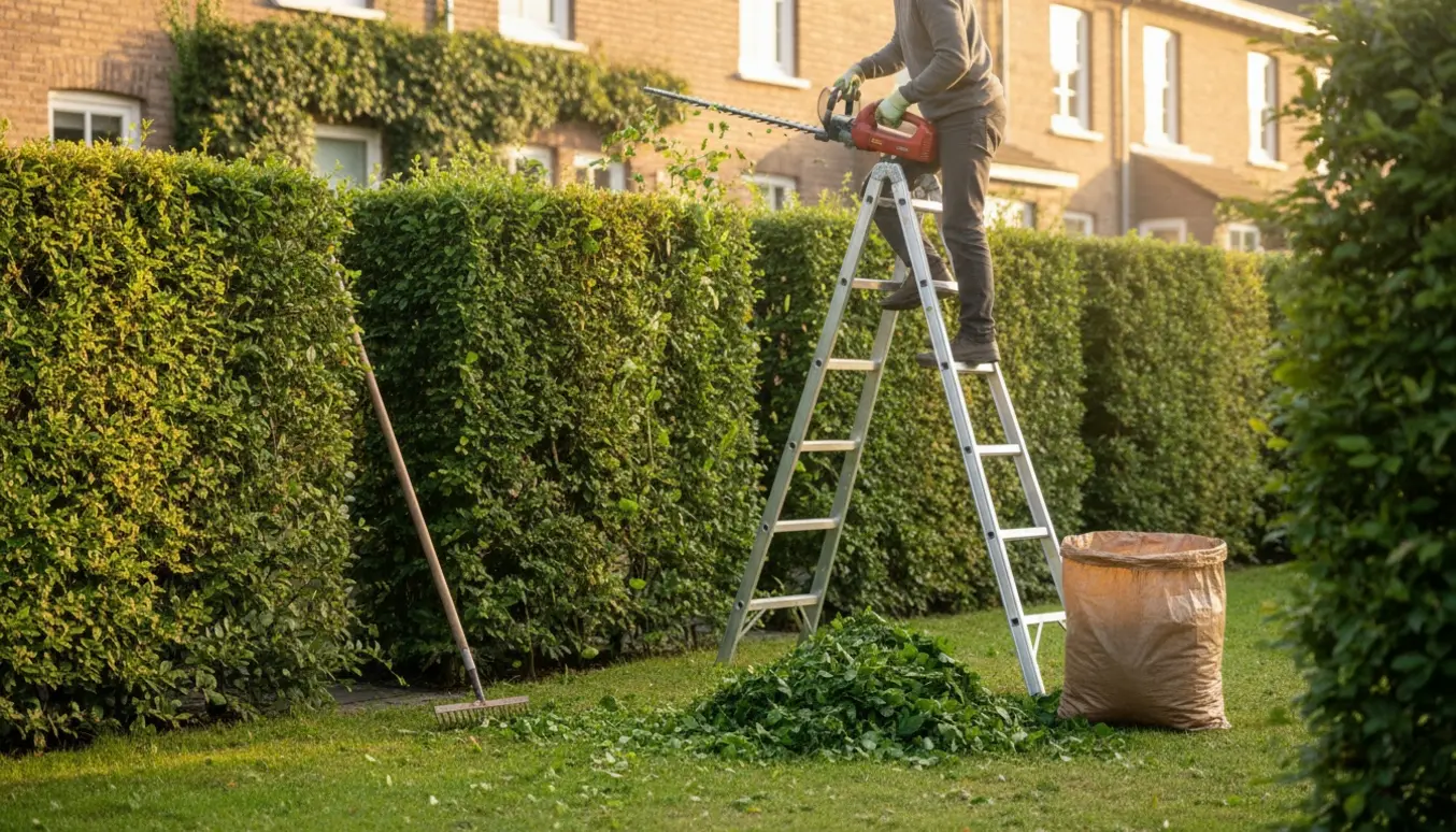 Bøgehæk ved et rækkehus bliver klippet fra stige og fra jorden med hækklipper, rive og fyldte haveposer på græsset.