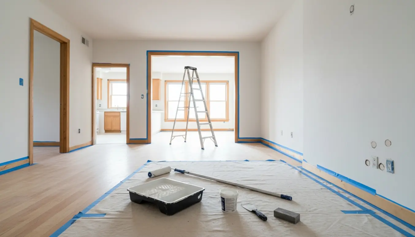 Lyst lejlighedsværelse klar til fraflytningsmaling med malerudstyr, spartel og afdækning.