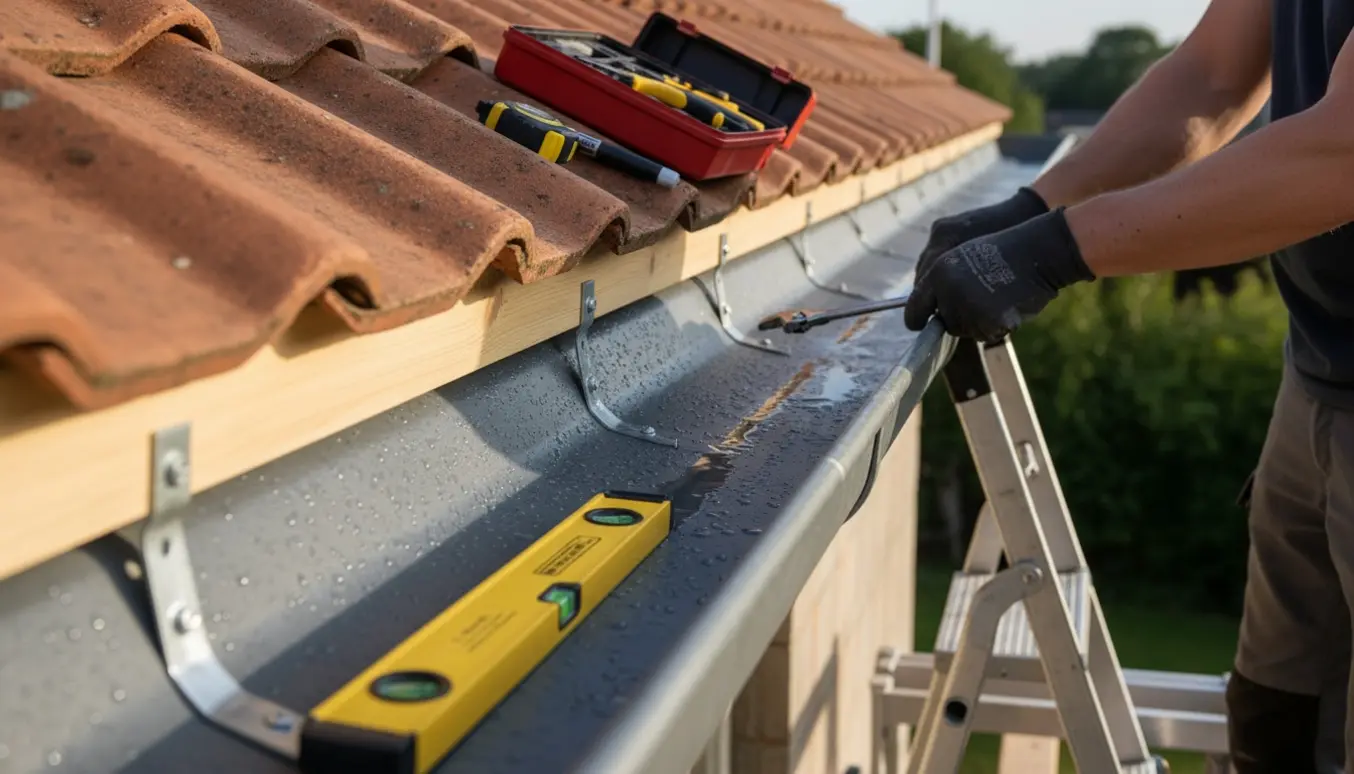 Hænder justerer rendejern på en ca. 10 m tagrende med vaterpas, så vand løber korrekt mod nedløbet.