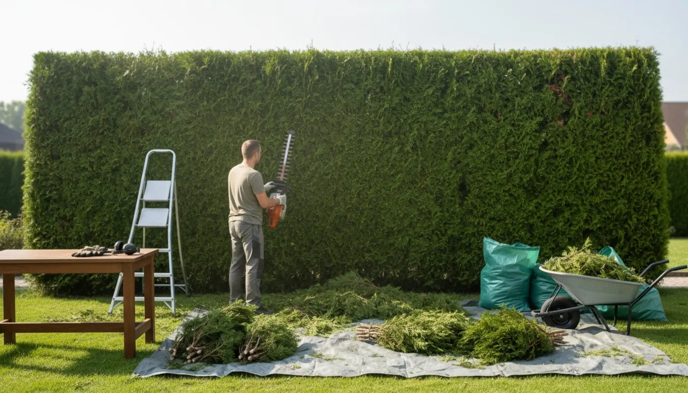 En person trimmer en fem meter thuja-hæk, sænker toppen cirka en meter og klipper siderne 15–20 cm ind, mens afklip samles i trillebør og affaldsposer.