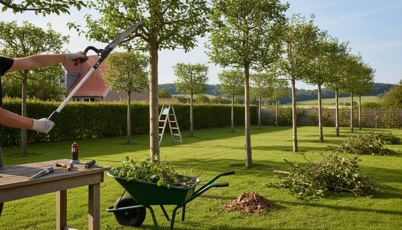 Hænder beskærer træer i en dansk have med skårne grene samlet i en trillebør.