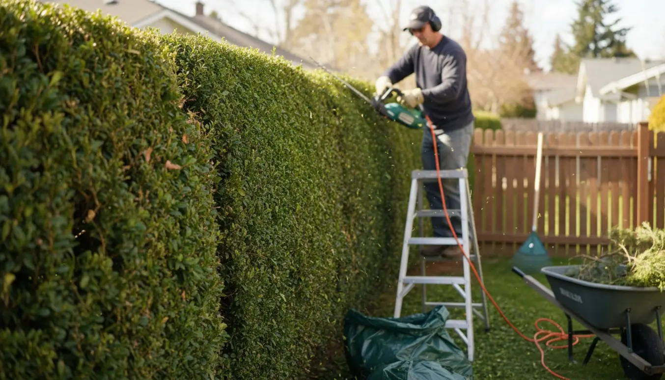 En person klipper en lang hæk med en elektrisk hækkeklipper, mens afklip samles i sække.