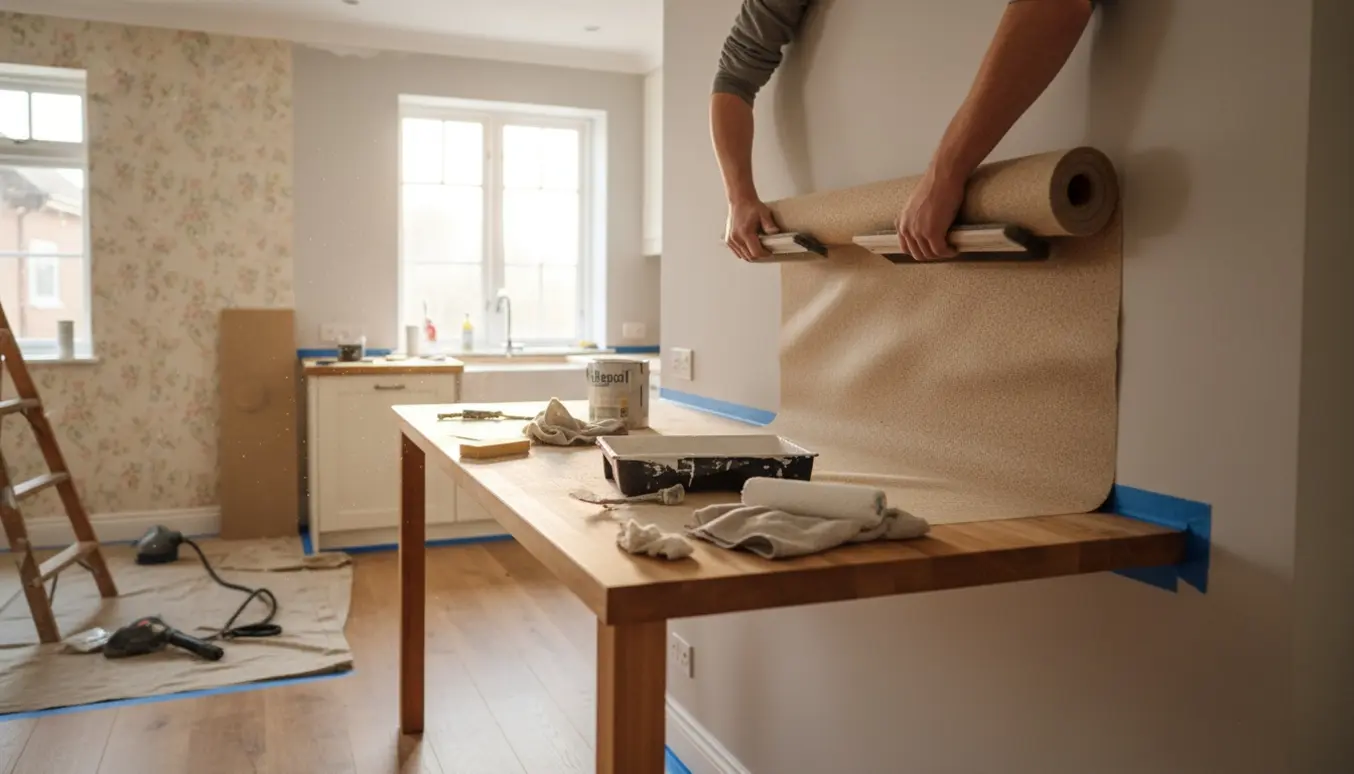 Køkken under renovering med savsmuldstapet ved at blive opsat over bordet, fjernet tapet på en væg og nymalede vægge, karme og loft.