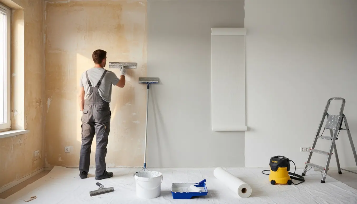 Indendørs væg hvor strukturmaling fjernes, spartles, filt sættes op og en del er nymalet hvidt.