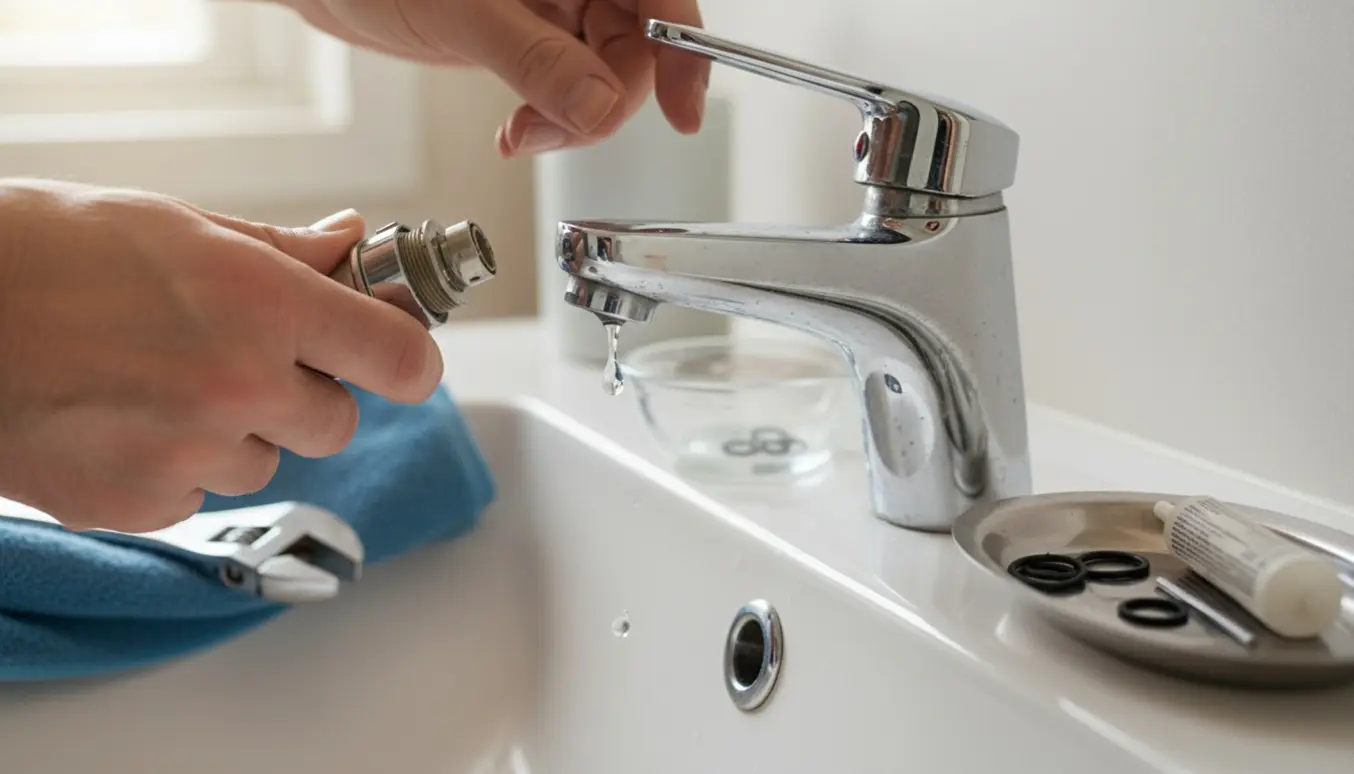Nærbillede af hænder, der reparerer en dryppende kromarmatur med værktøj og pakninger ved et hvidt håndvask.
