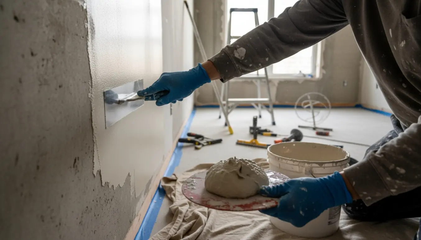 Hænder glatter nylagt spartelmasse ud på en rå væg i en tom lejlighed med spande, stige og afdækning.