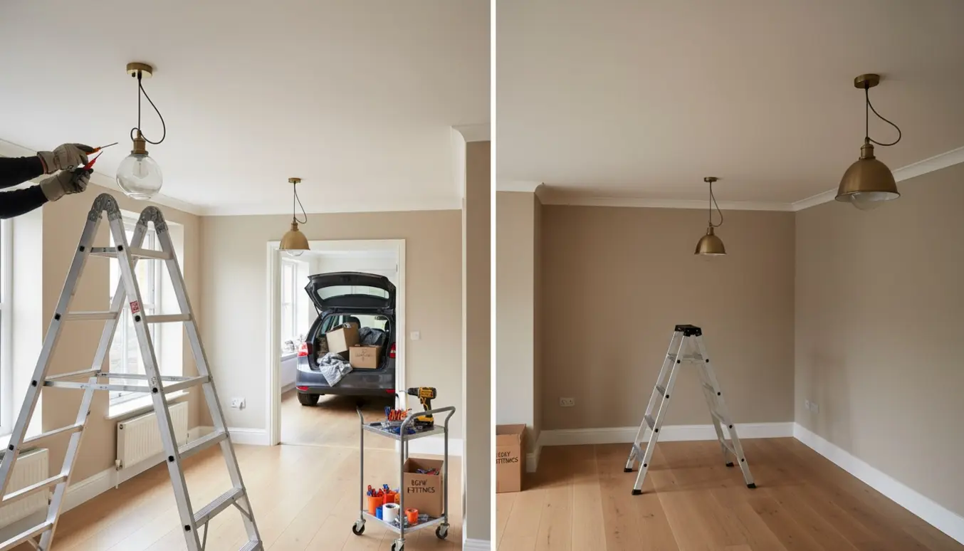 Tekniker fjerner og monterer loftslamper i lejligheder med højt til loftet, med værktøj og bil med lamper i baggrunden.