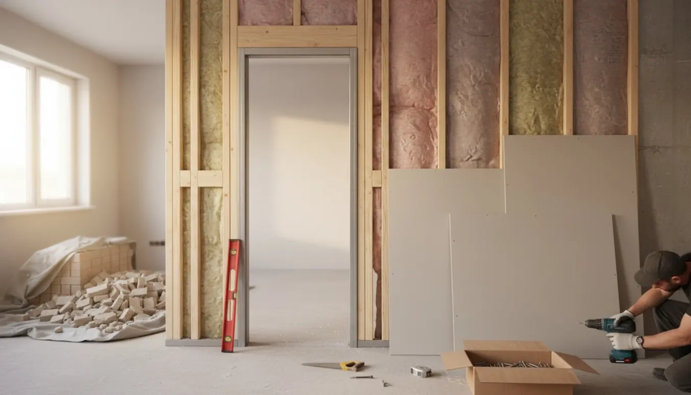 Delvist opført indervæg med døråbning, værktøj og plader klar til montering.