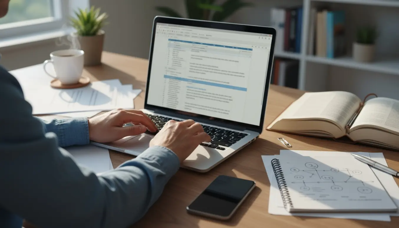 En teknisk person skriver på en bærbar computer omgivet af kilder og notater for at oprette en Wikipedia-artikel.