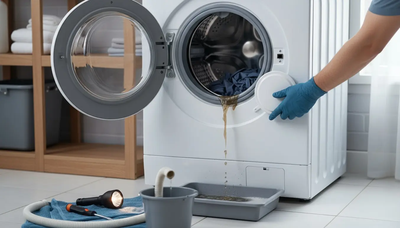 Åben frontbetjent vaskemaskine med vand i tromlen og hænder, der inspicerer afløbsfiltret.