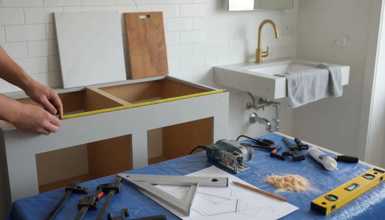 Hænder måler åbningen til nye bordplader med værktøj og materialer til montering i køkkenet.