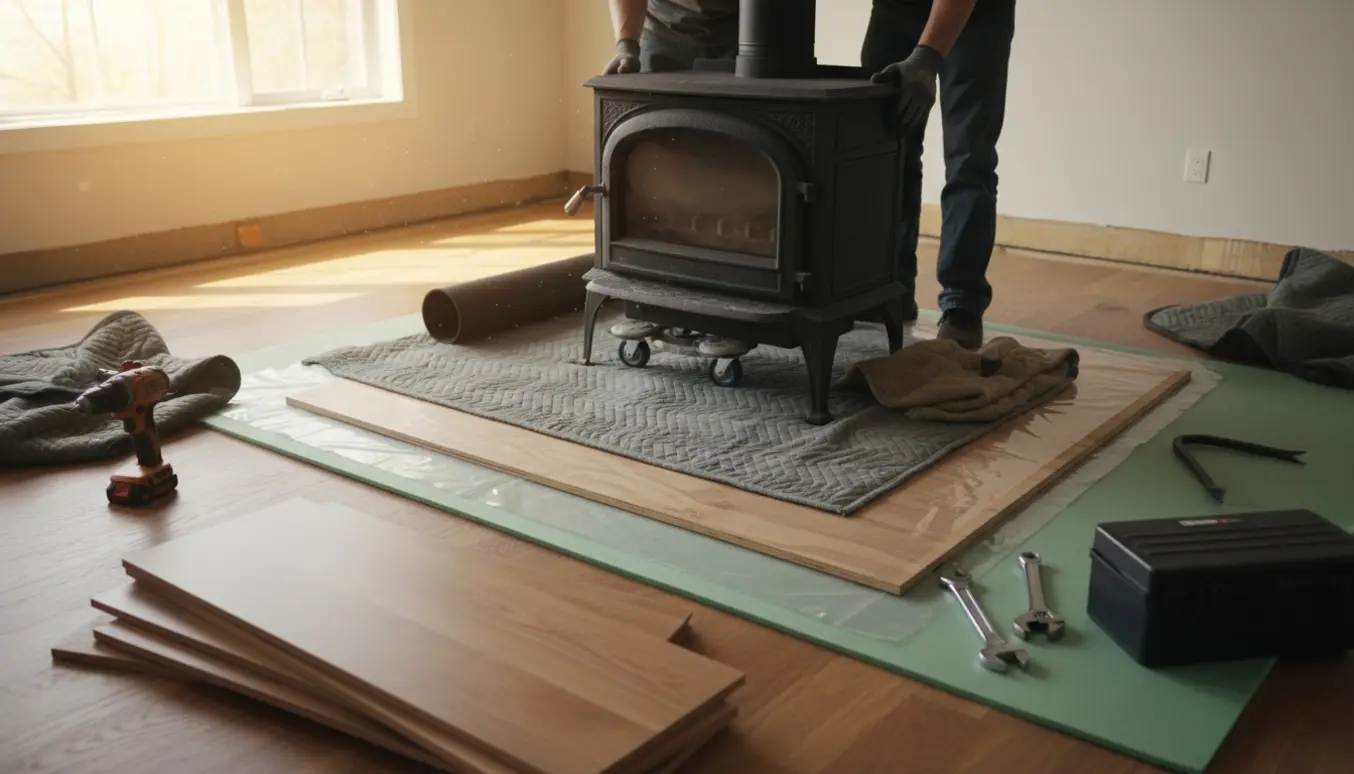 Brændeovn midlertidigt placeret på krydsfiner i en stue under gulvlægning, omgivet af værktøj og nye træplanker.