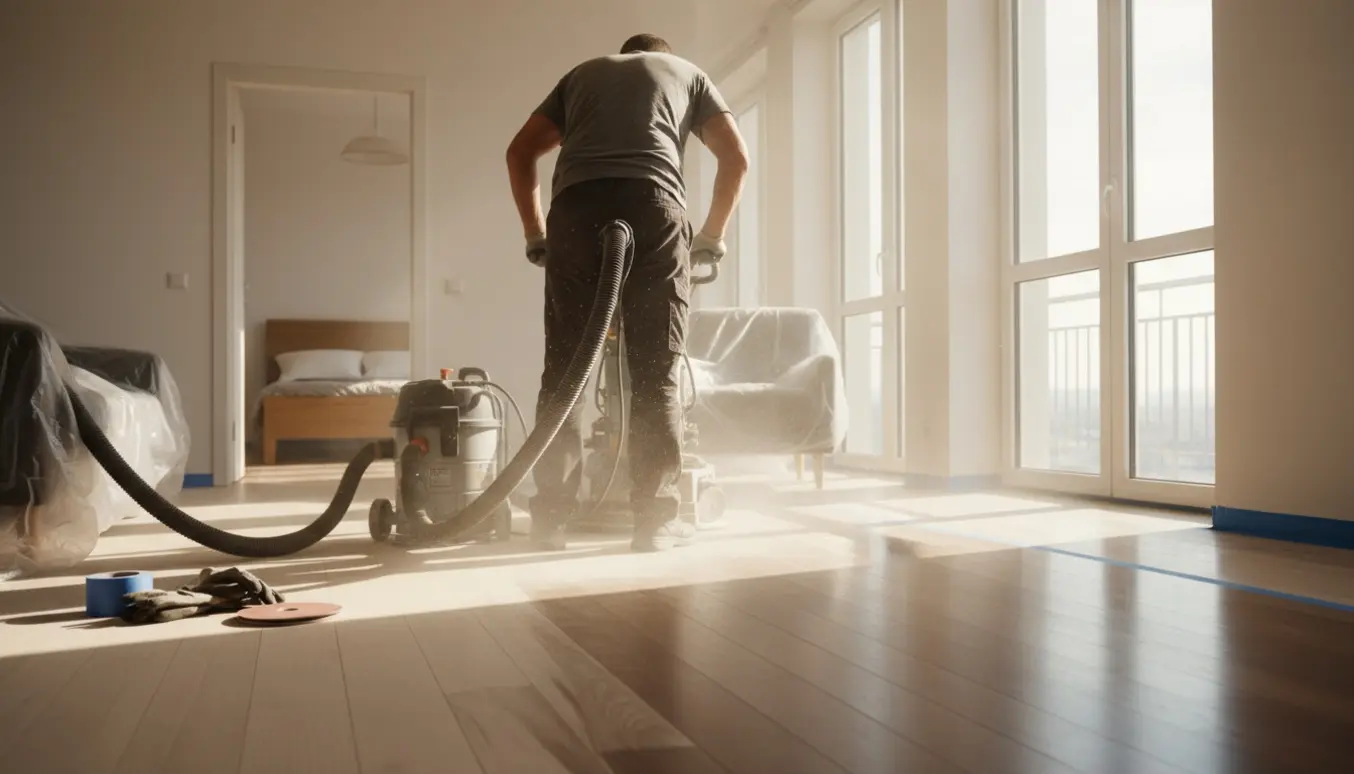 Håndværker sliber trægulv i en lys lejlighed med synlig kontrast mellem slebet og uslebet gulv.