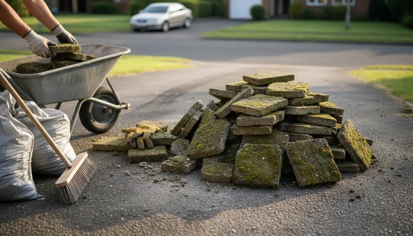 Stabel af gamle, knækkede havefliser i indkørsel ved kantstenen klar til bortskaffelse med trillebør og arbejdshandsker.