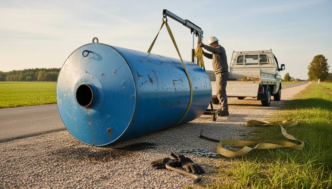 Stor blå olietank ligger på siden ved en grusvej klar til at blive løftet af arbejdere med løfteudstyr.