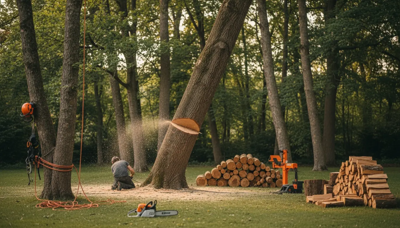 Arborist forbereder fældning af store haventræer med stakke af brænde og værktøj.