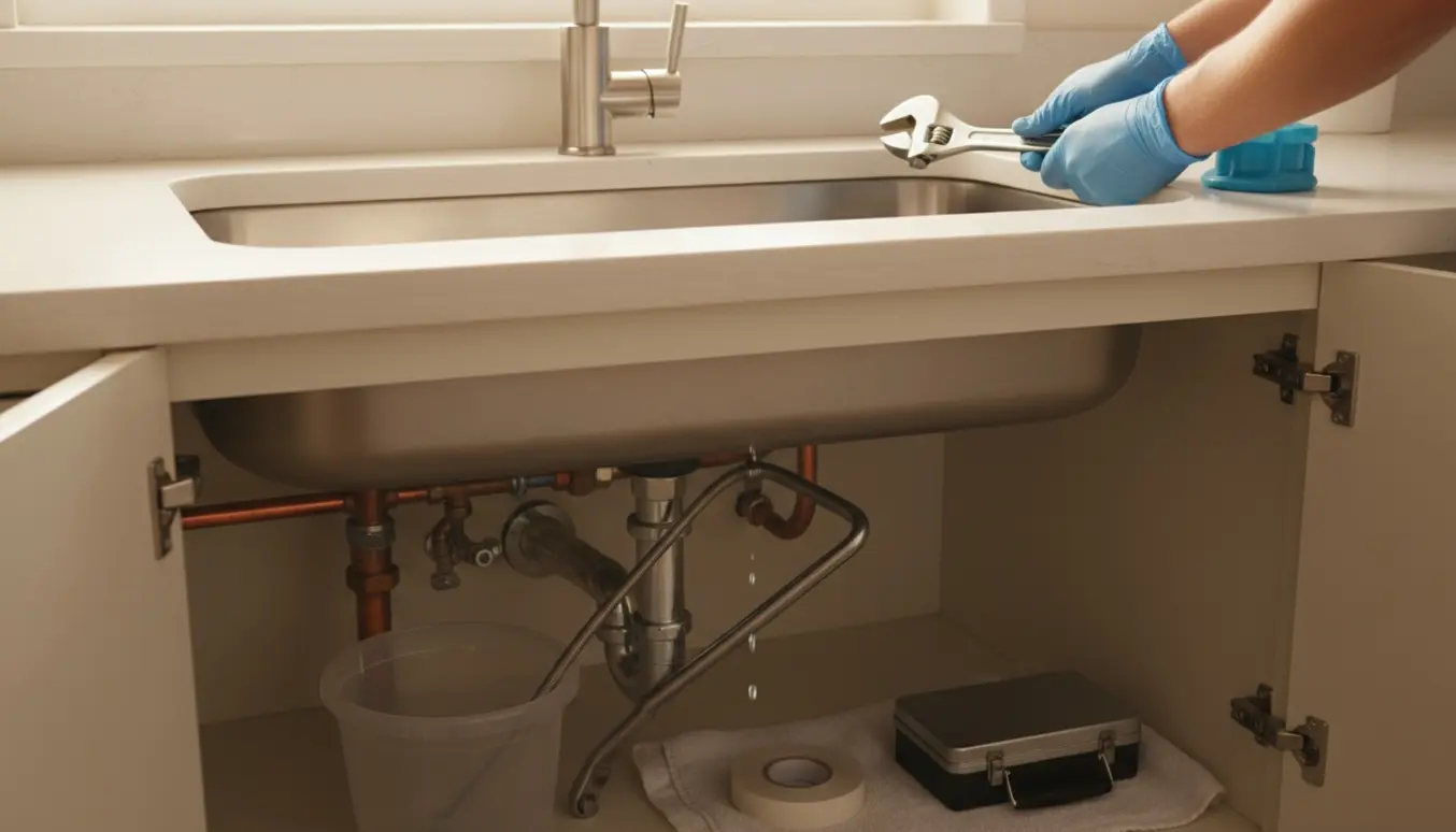 Nærbillede af udskiftning af køkkenarmatur med værktøj og åbent underskab.