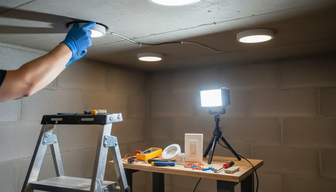 Hænder på en stige monterer en LED-loftslampe i en kælder med værktøj og nye afbrydere i nærheden.