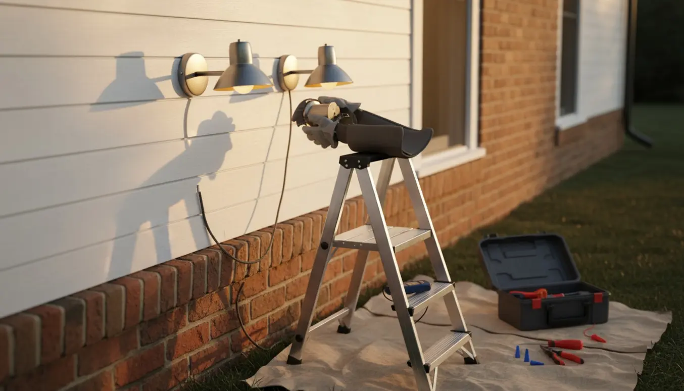 Nærbillede af hænder på en stige, der monterer to nye udendørslamper på husets facade med værktøj og ledninger synlige.