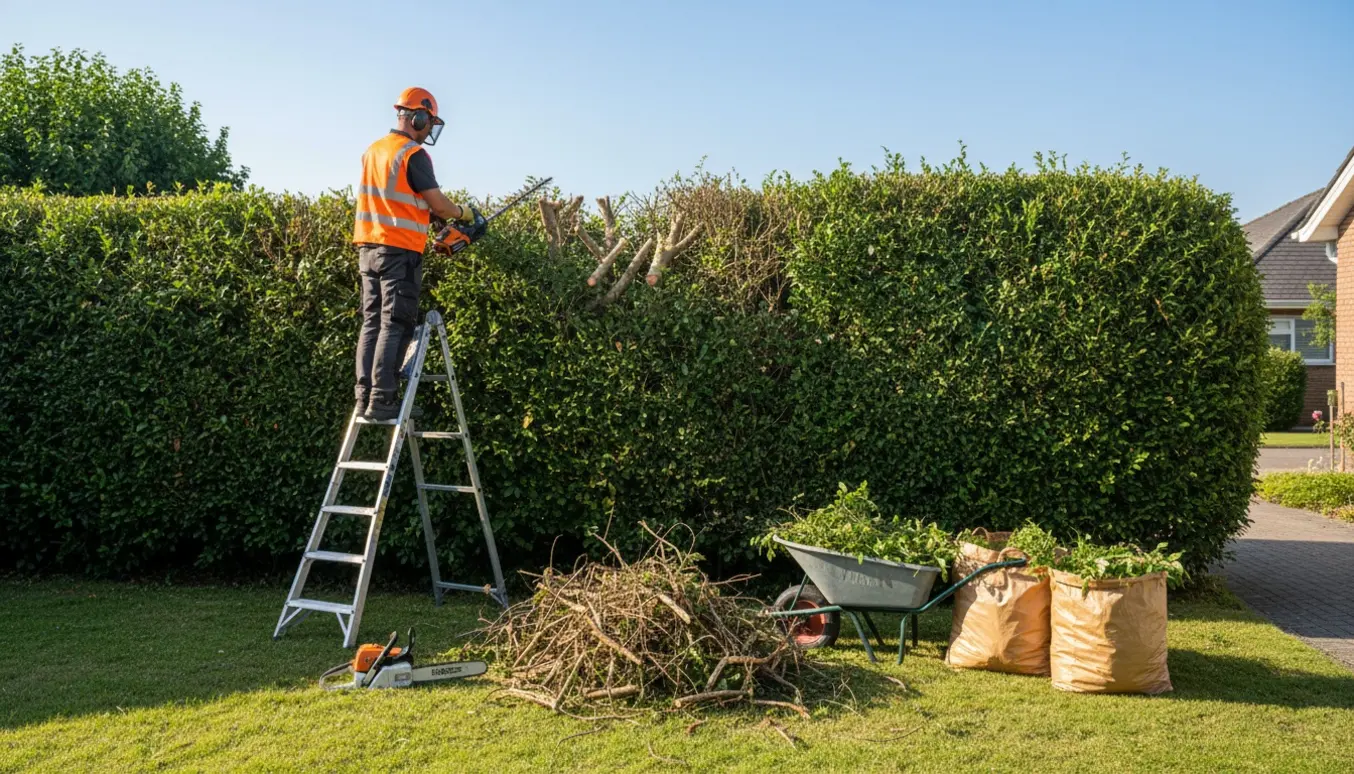 Person i beskyttelsesudstyr beskærer en tæt forhavehæk med hækkeklipper og motorsav, mens grene lægges i en trillebør.