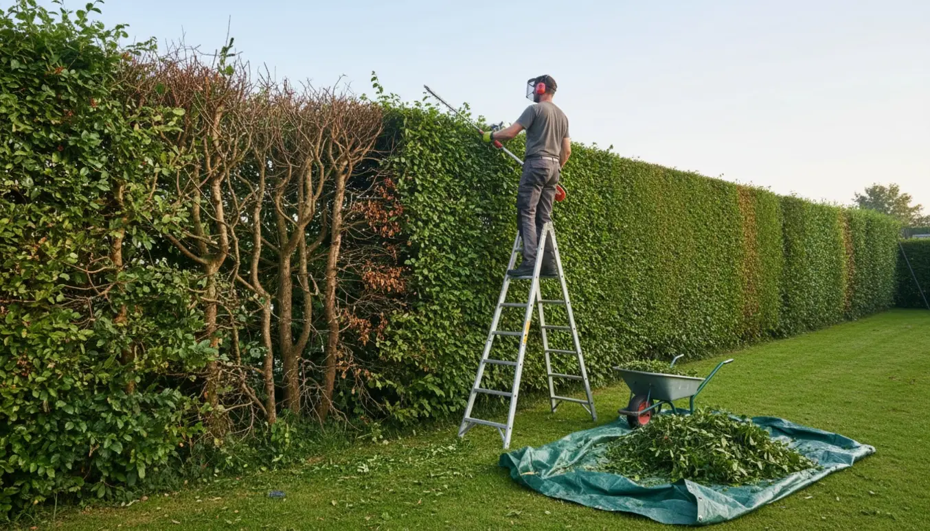 En lang, utrimmet hæk bliver klippet ned til ensartet højde, med en hækkeklipper og en bunke afklip ved siden af.