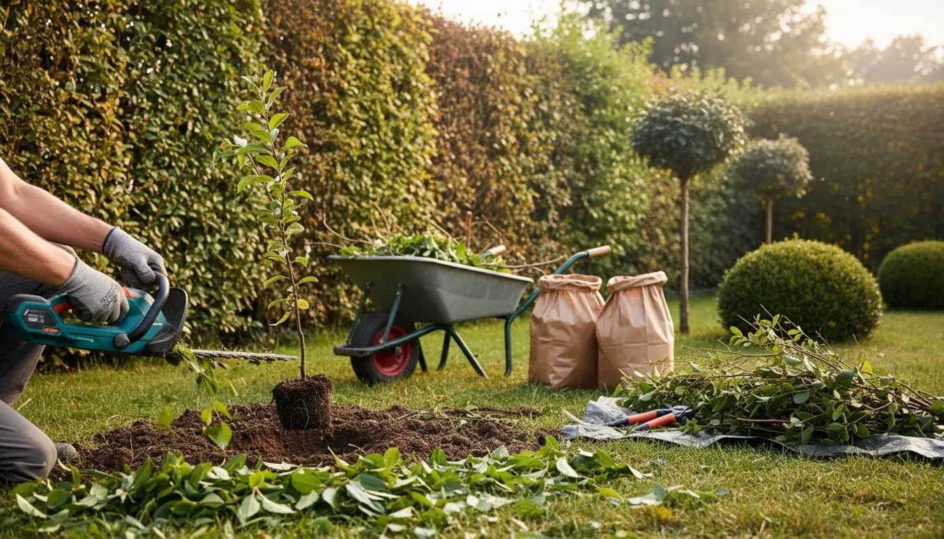 Hæk og buske klippes, et selvsået træ graves op og afklip samles i trillebør og sække.