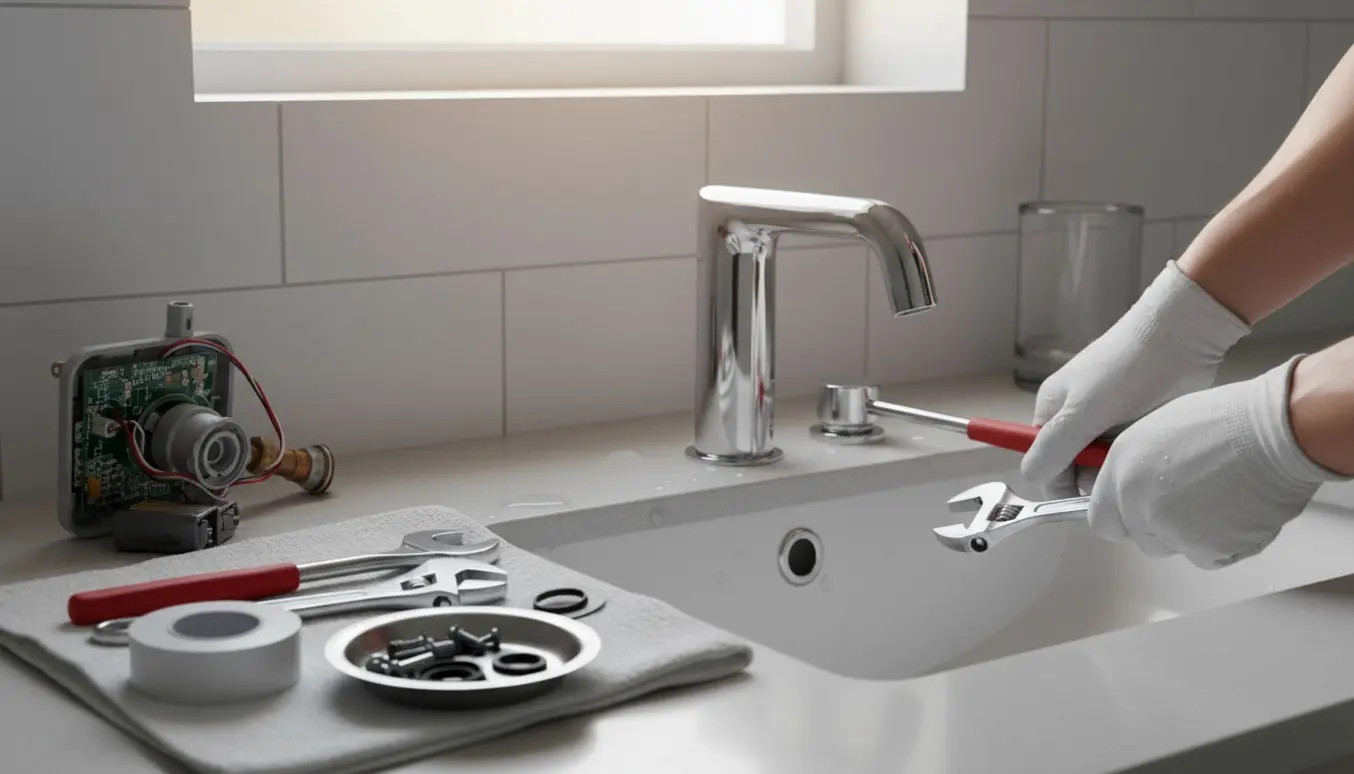 Ny manuel vandhane monteres i en håndvask med værktøj og det afmonterede sensorarmatur ved siden af.