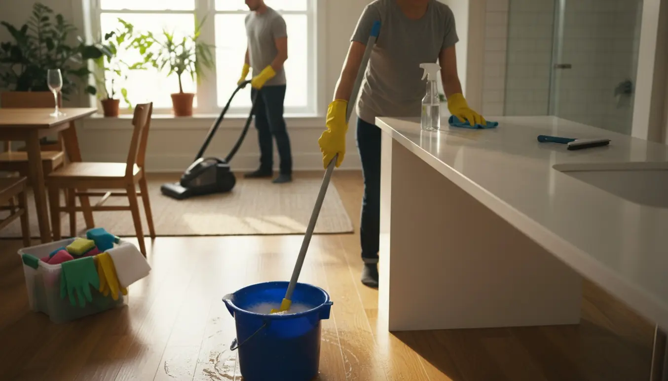 Solbeskinnet lejlighed under grundig rengøring med moppe, spand, klude og støvsuger.