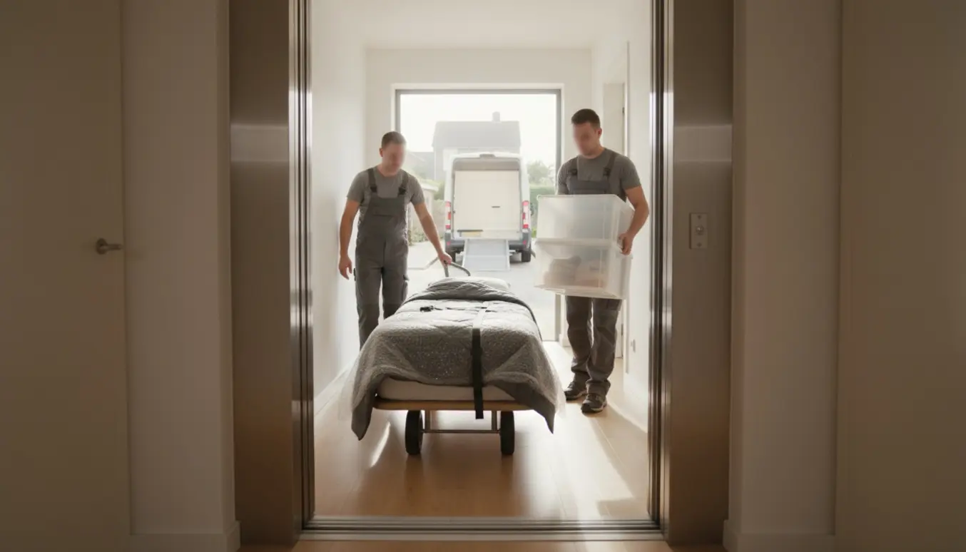 Flyttemænd løfter en indpakket enkeltseng og plastkasser fra en elevator og læsser dem på en varevogn.