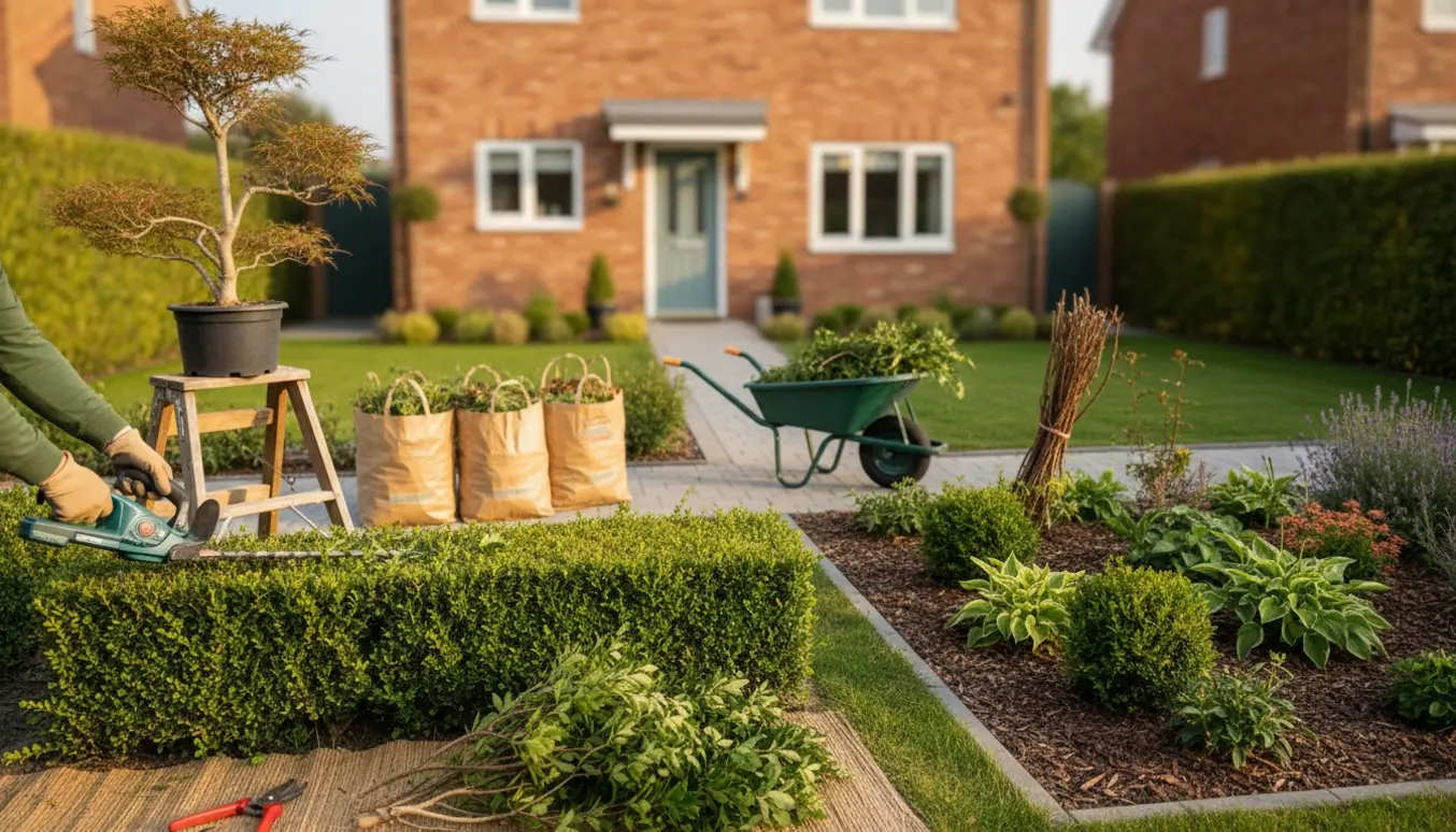 Fornhave med nyklippede hække, beskårne træer, trillebør og poser med haveaffald klar til afhentning.