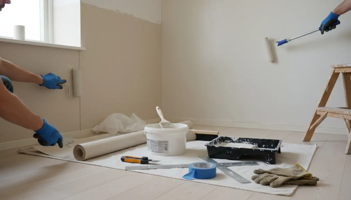 Et rumshjørne med savsmuldstapet på den ene væg og maling på den anden, værktøj og hænder i arbejde i forgrunden.