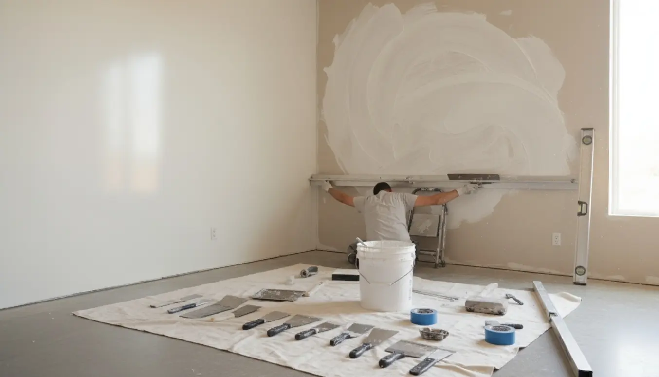 Nærbillede af fuldspartling i et lyst rum med hænder, spartel og værktøj på afdækket gulv.