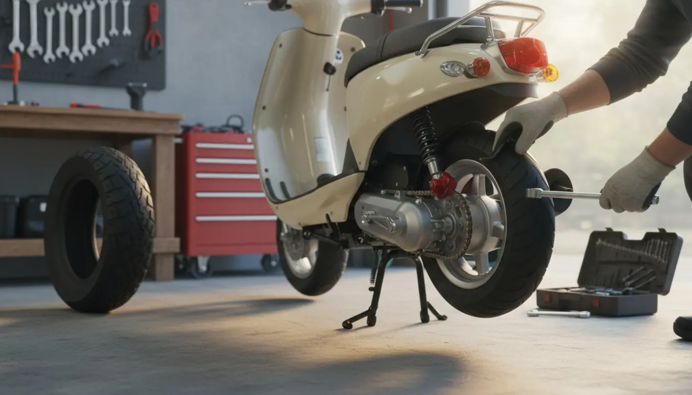 Nærbillede af hænder, der monterer et nyt bagdæk på en lille scooter i en garage.