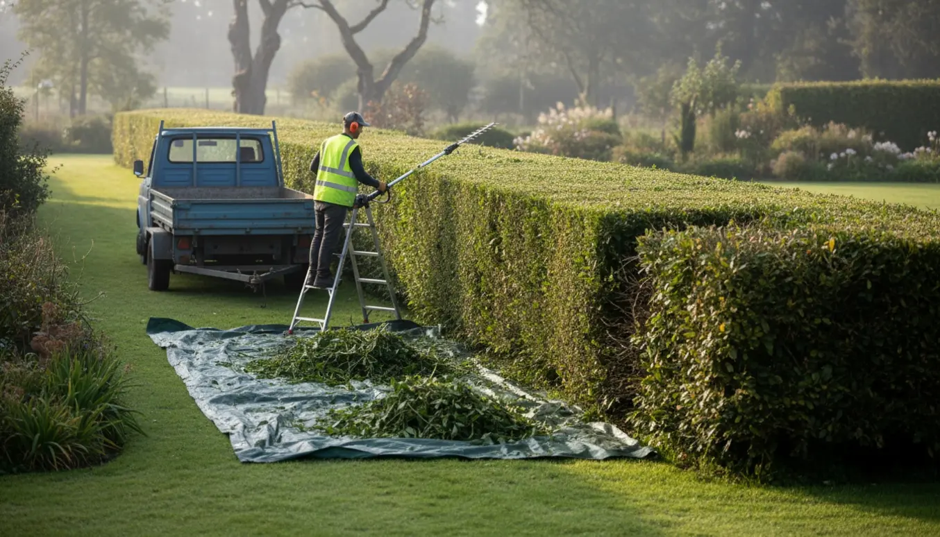 Toppen af en lang hæk bliver klippet med en forlængermaskine, mens afklippede grene ligger samlet ved en trailer.