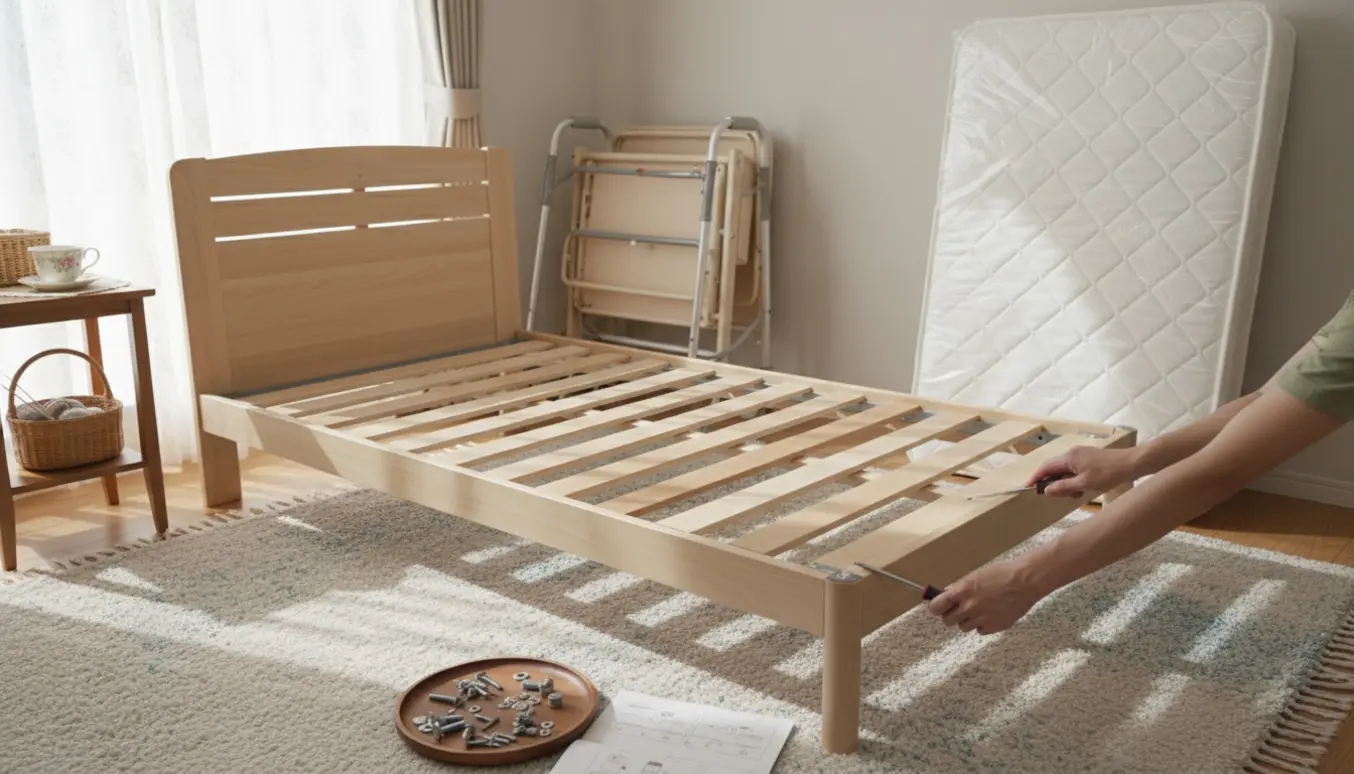 Delvist samlet enkeltseng i stuen med værktøj og en rollator i baggrunden.