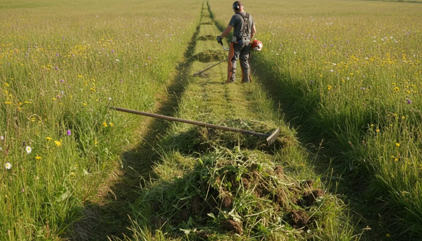 Beskæring af tre 50 cm dybe, 10 m lange grøfter med buskrydder, afskåret græs samlet i bunker.