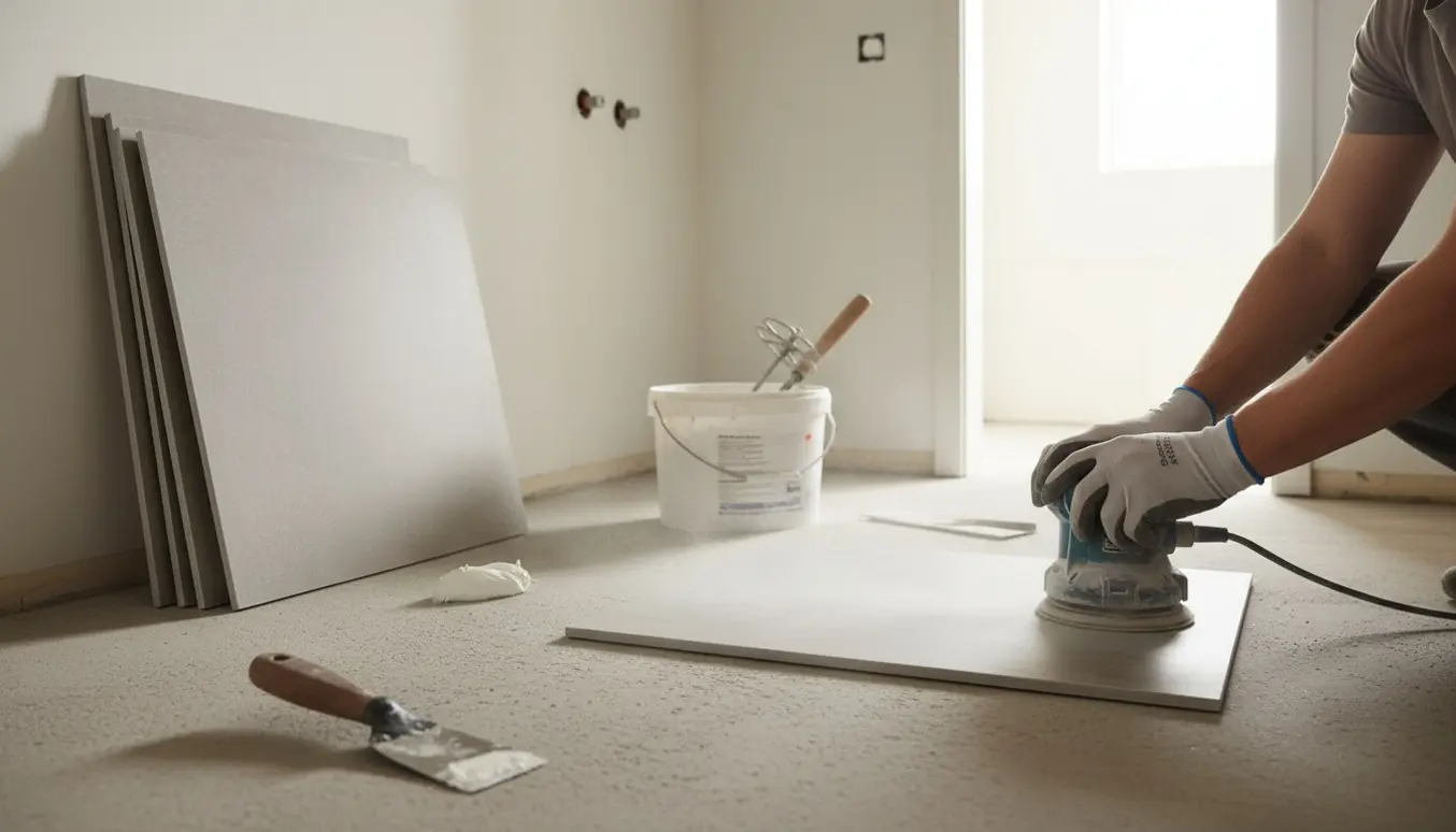 Hænder sliber og spartler undergulvet i et bryggers med en stak 60x60 cm klinker klar til lægning.