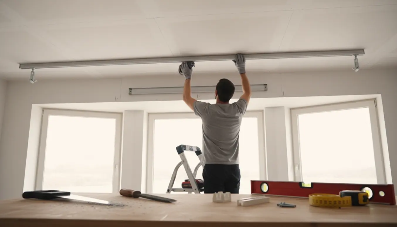 Nærbillede af hænder, der monterer og tilpasser gardinskinner i et gipsloft over tre vinduesfag.