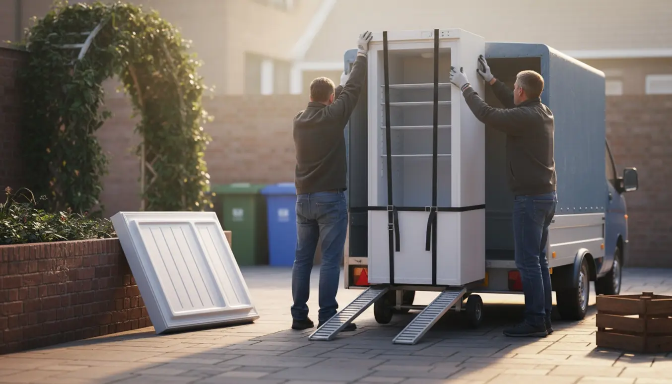Et fryseskab uden dør læsses op på en trailer i en gårdhave, klar til afhentning på genbrugspladsen.