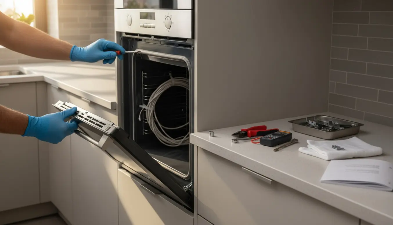 Afmontering af en indbygget standardovn i et moderne køkken med værktøj på bordet.