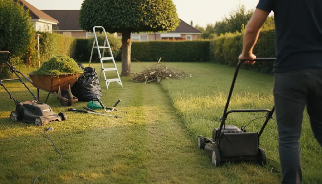Forhave klar til salg med halvdelen nyklippet græs, en person ses bagfra med en hånddrevet plæneklipper og haveredskaber rundt om.