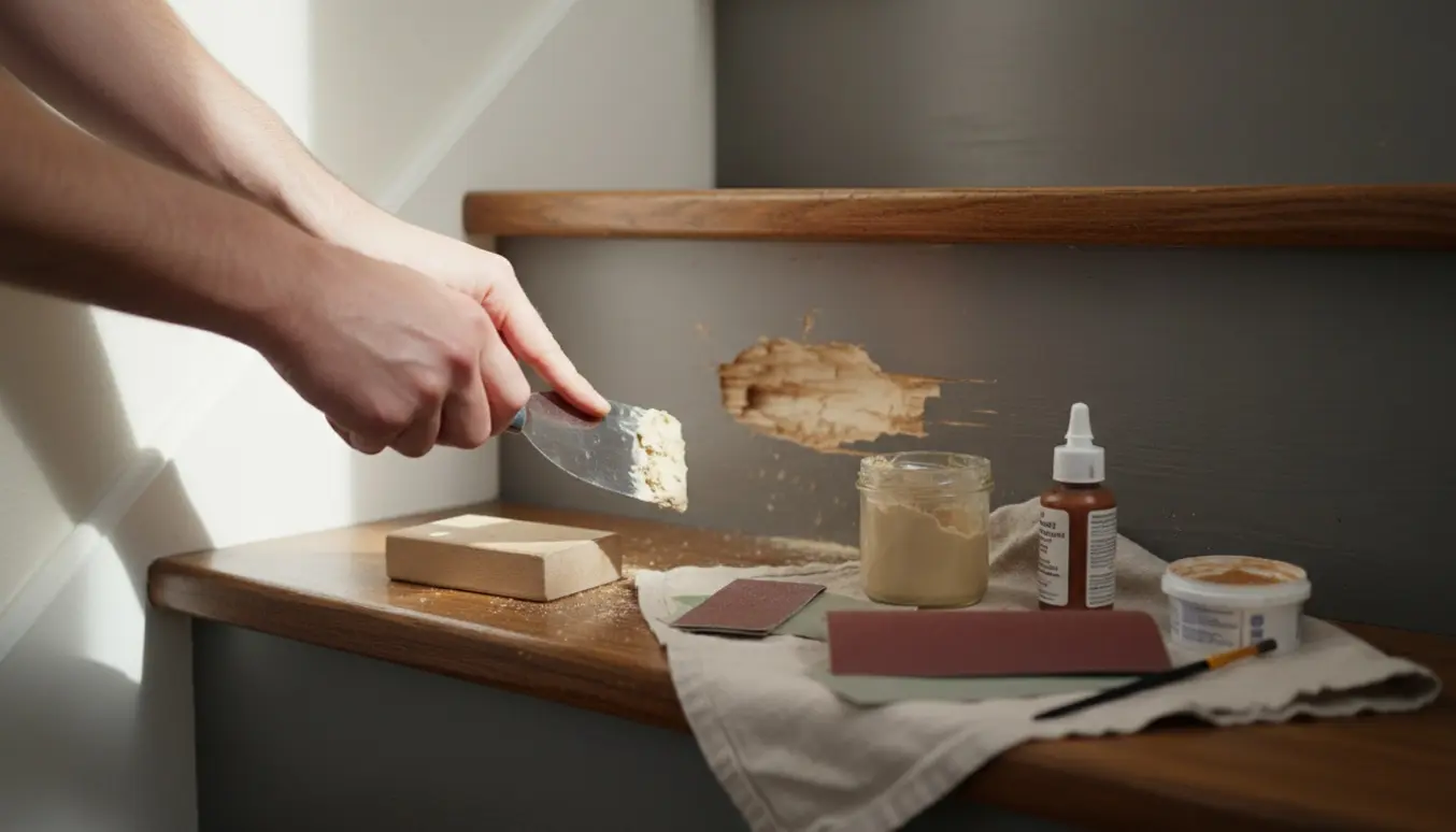 Nærbillede af et hundebidt hul i et trappetrin og panel, hvor en hånd påfører træspartelmasse.