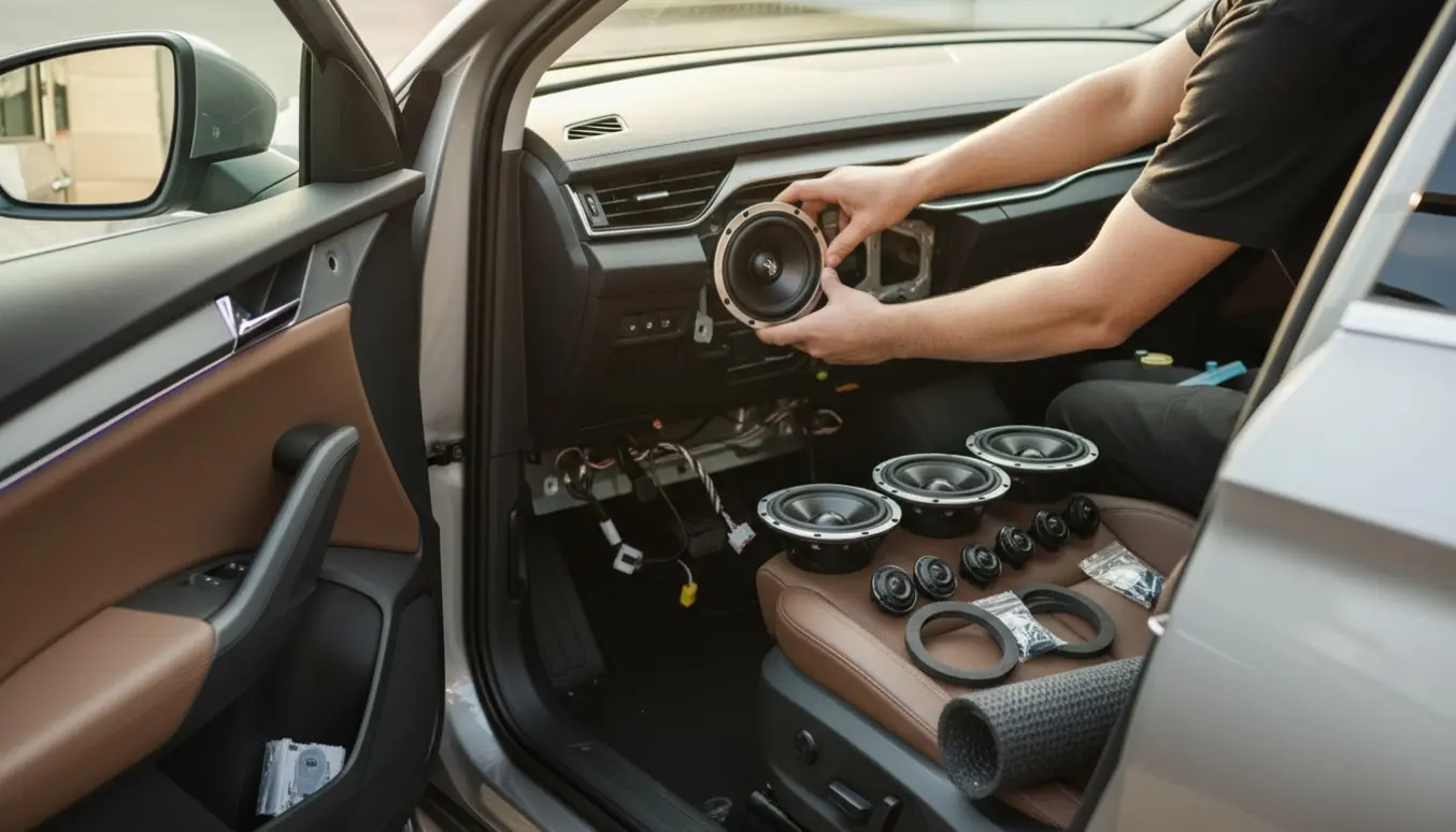 Hænder installerer nye højtalere i dørene på en Skoda Enyaq med fjernet dørpanel og synlige kabler.