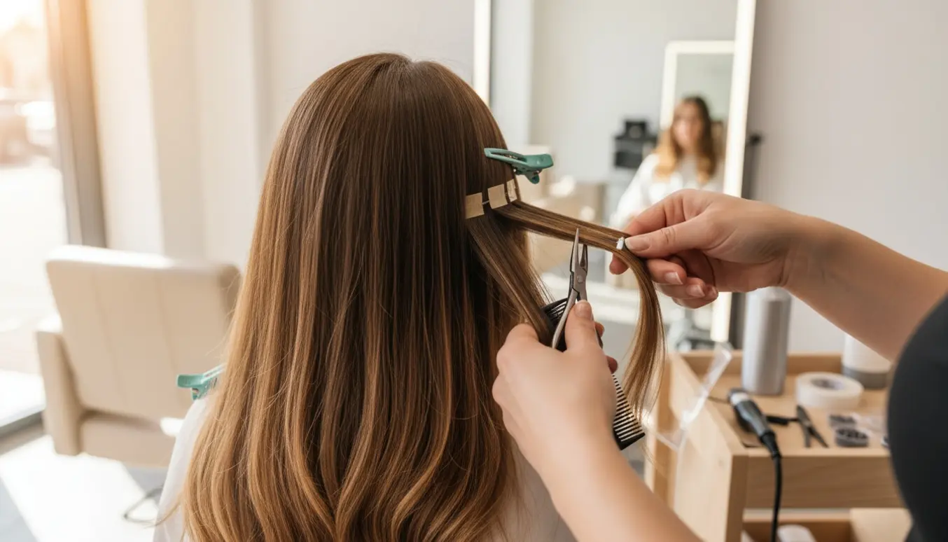 Nærbillede af påsætning af hair extensions i en moderne salon med stylistens hænder og værktøj.