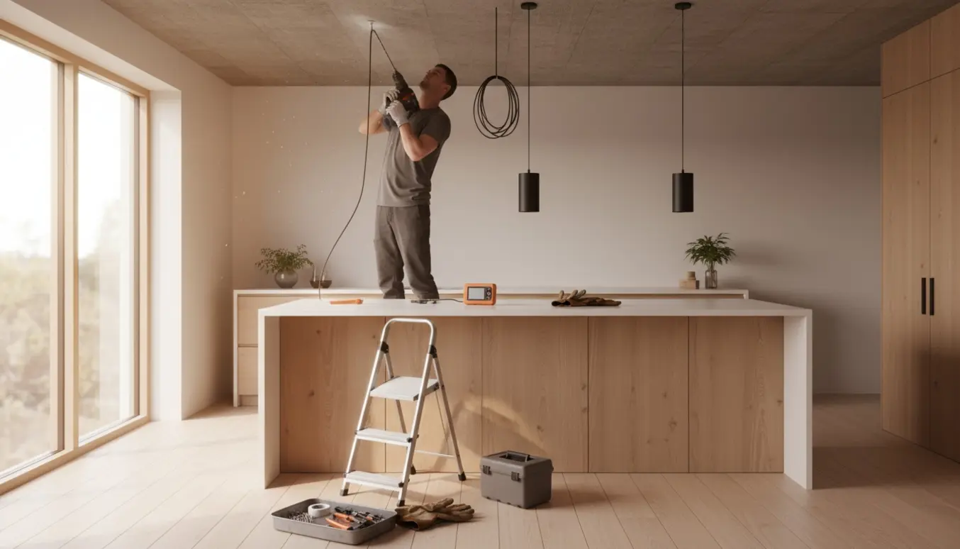 Håndværker på stige monterer en pendellampe over en køkkenø med borehammer, rawlugs og elværktøj på bordet.